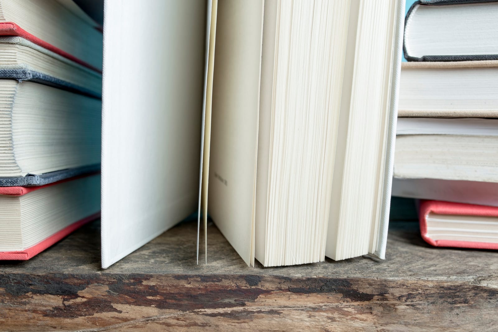 Lombadas de livros enfileiradas lado a lado, mostrando as páginas coloridas em uma estante.